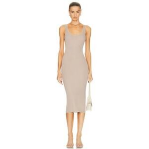 ENZA COSTA Silk Rib Midi Tank Dress Womens Small Tan Beige Stretch Quiet Luxury